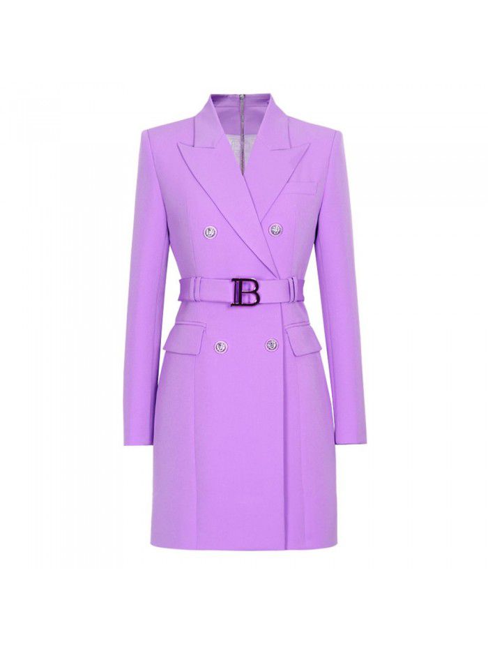 Spring and Autumn New Fashion High grade Solid Color Belt Long Sleeve Slim Fit Temperament Commuter Suit Dress Women 