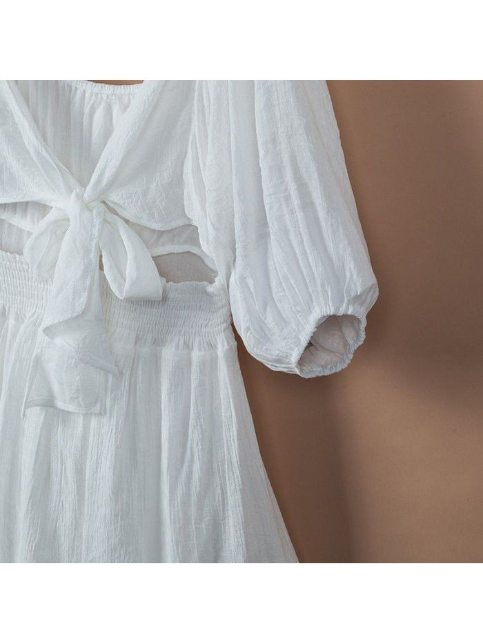 Dress Women's New Summer Off Shoulder Solid Color Lacing Ruffle Sleeves Casual Dress Women