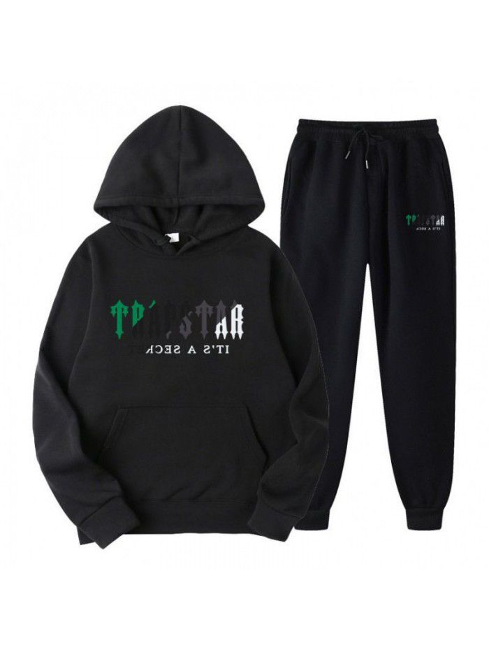 New men's hoodie set for spring, autumn, and winter, plush sweater, casual sports two-piece set 