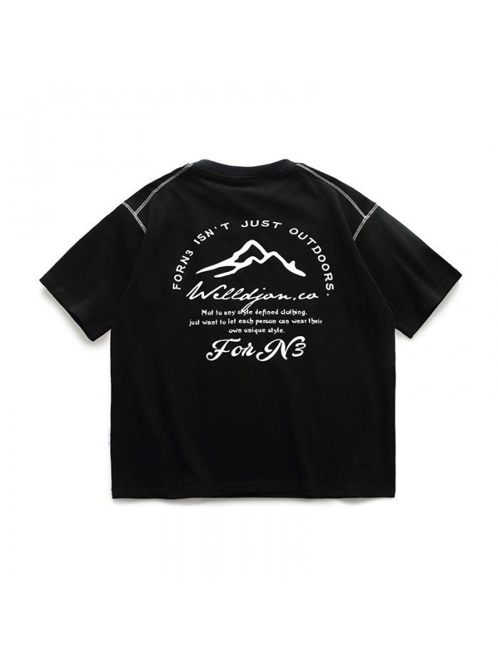 Summer New Solid Back Print Round Neck Short Sleeve Japanese Fashion High Street Loose T-shirt Men 