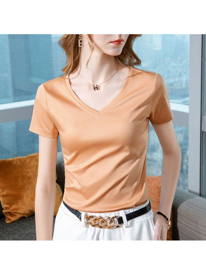 Ice feeling mercerized cotton short-sleeved t-shirt women's new style women's temperament v-neck pure cotton t-shirt pure color high-grade top 