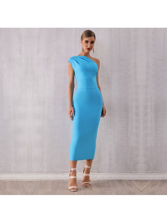 Fashionable and Elegant Women's One Shoulder Bandage Dress Sexy Sleeveless Tight Sky Blue Evening Dress  Fashionable and Elegant Women's One Shoulder Bandage Dress Sexy Sleeveless Tight Sky Blue Evening Dress
