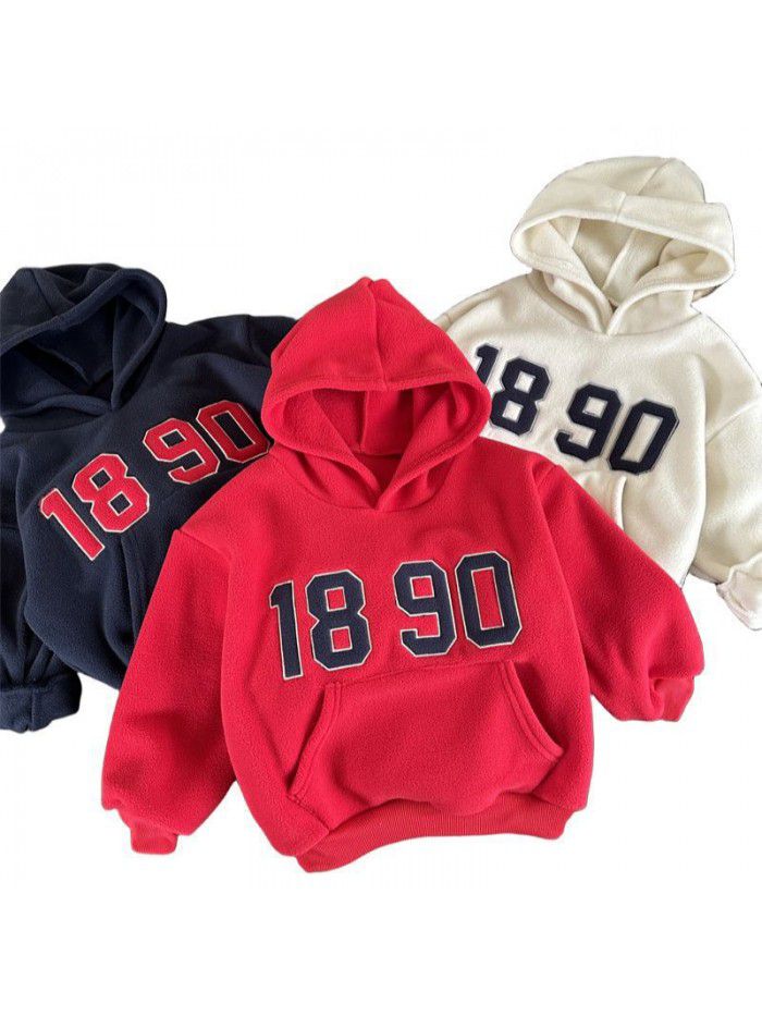 Autumn and winter plush children's hoodie casual and westernized Korean version sports long sleeved sweater paired with children's top 
