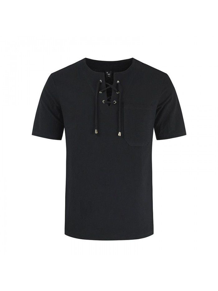Summer New Street Men's Short Sleeve T-shirt Cotton Hemp Lacing Casual Fashion T-shirt 