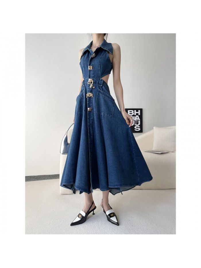 Denim Blue Hollow Open Waist Dress Women's Spring/Summer Slim Fit Side Waist High Split Style Dress  Denim Blue Hollow Open Waist Dress Women's Spring/Summer Slim Fit Side Waist High Split Style Dress