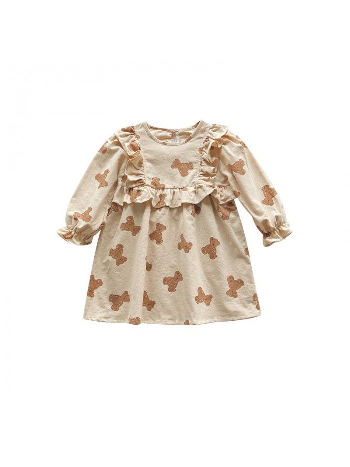 Children's Bear Printed Long sleeved Girls' Dress Autumn Sweet Ruffled Round Neck Children's Dress Trend 