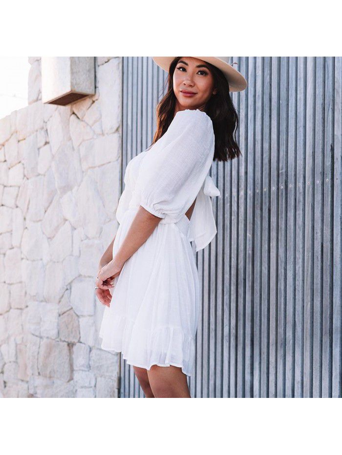 Dress Women's New Summer Off Shoulder Solid Color Lacing Ruffle Sleeves Casual Dress Women