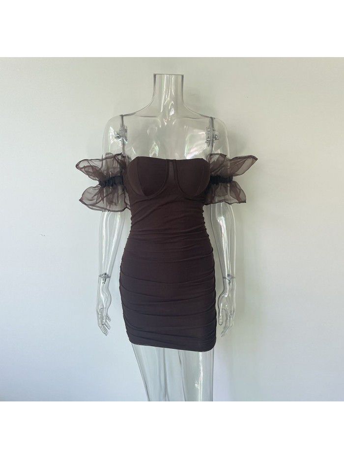 Mesh low cut bra wrap buttocks skirt Spicy girl style open back slim fitting elastic tight short skirt 