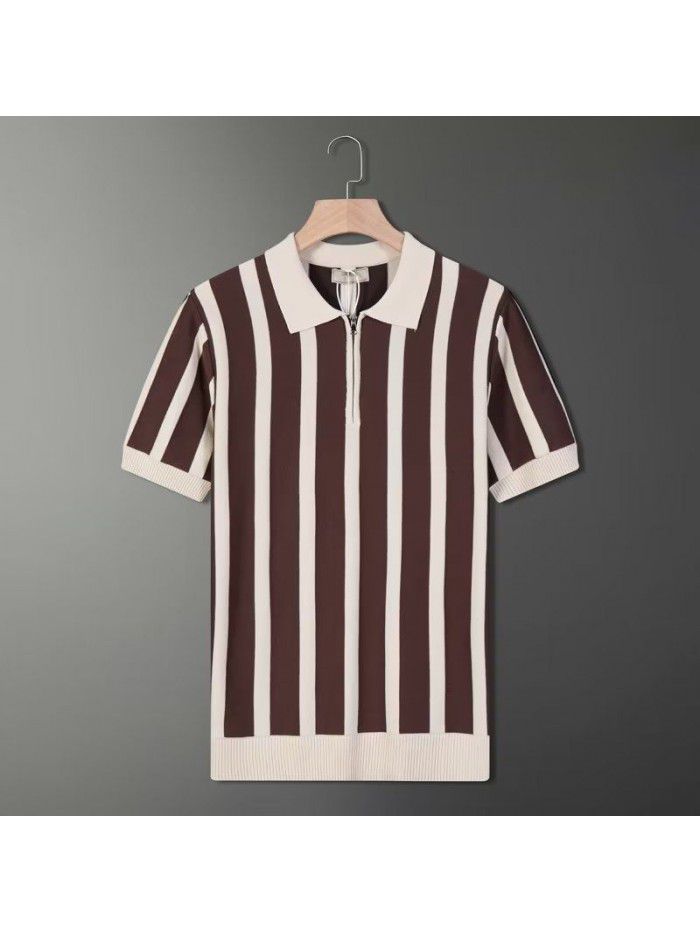 Half Zip Striped Polo Shirt Light Mature Summer Men's Short Sleeve T-shirt Trend Korean Knitted Casual Half Sleeves 