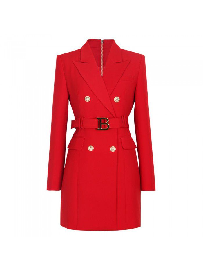 Spring and Autumn New Fashion High grade Solid Color Belt Long Sleeve Slim Fit Temperament Commuter Suit Dress Women 