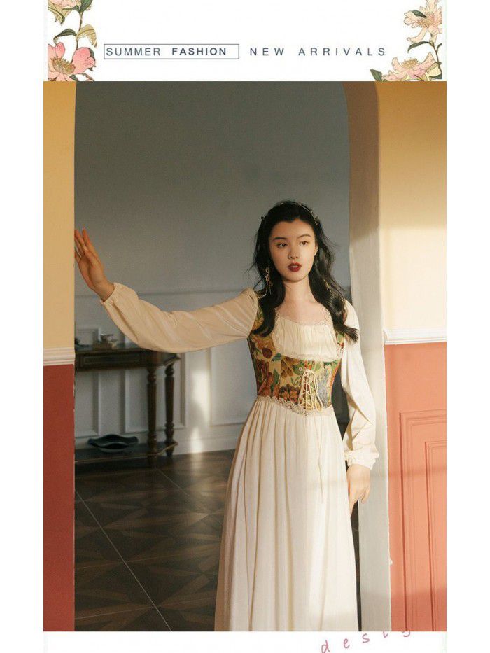 New Real Time Retro Oil Painting Embroidery Spliced Lace up Velvet Dress 