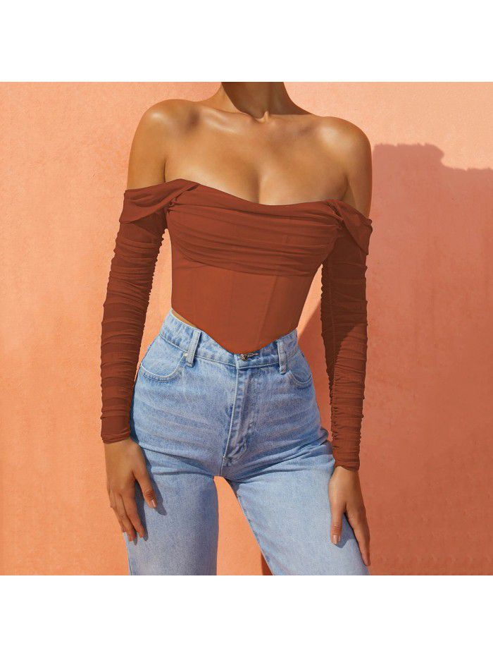 mesh fishbone perspective one line collar exposed navel short T-shirt top for women 