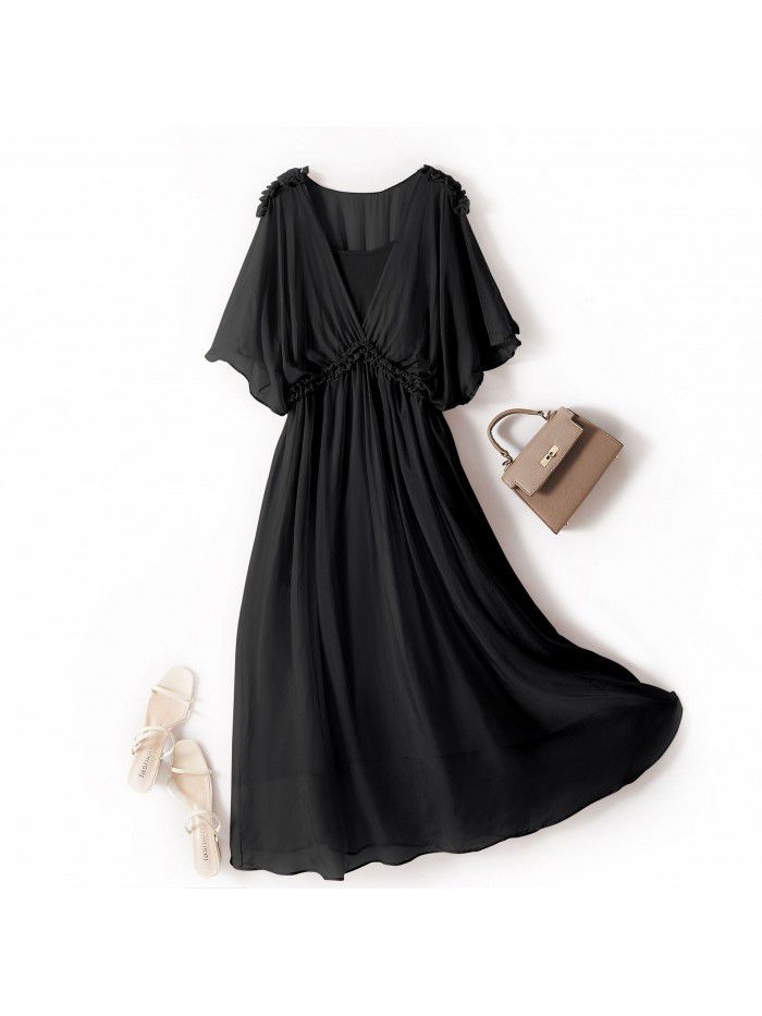 Women's silk dress, simple and elegant, pure color, mulberry silk dress, long style, new in summer 