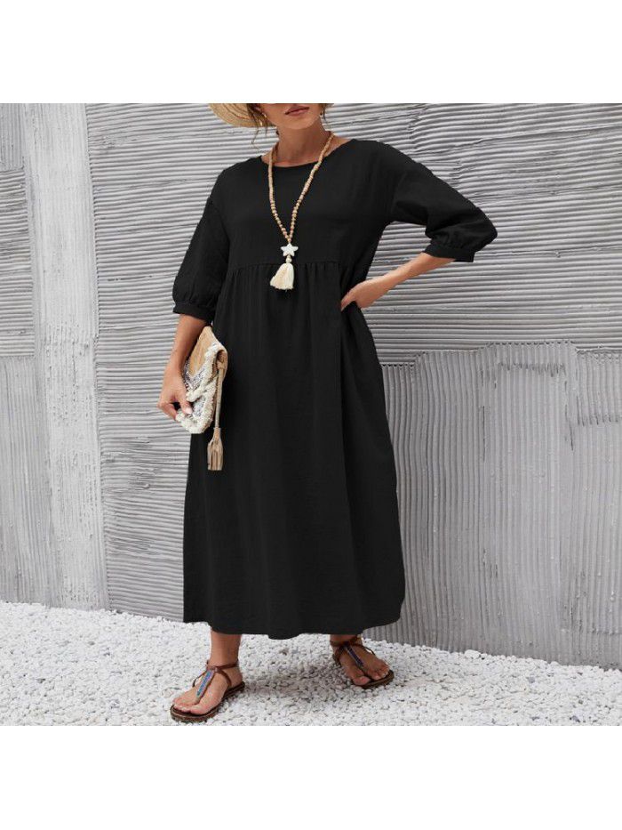New Women's Solid Color Fashion Lantern Sleeves Loose Cotton Linen Pocket Dress 