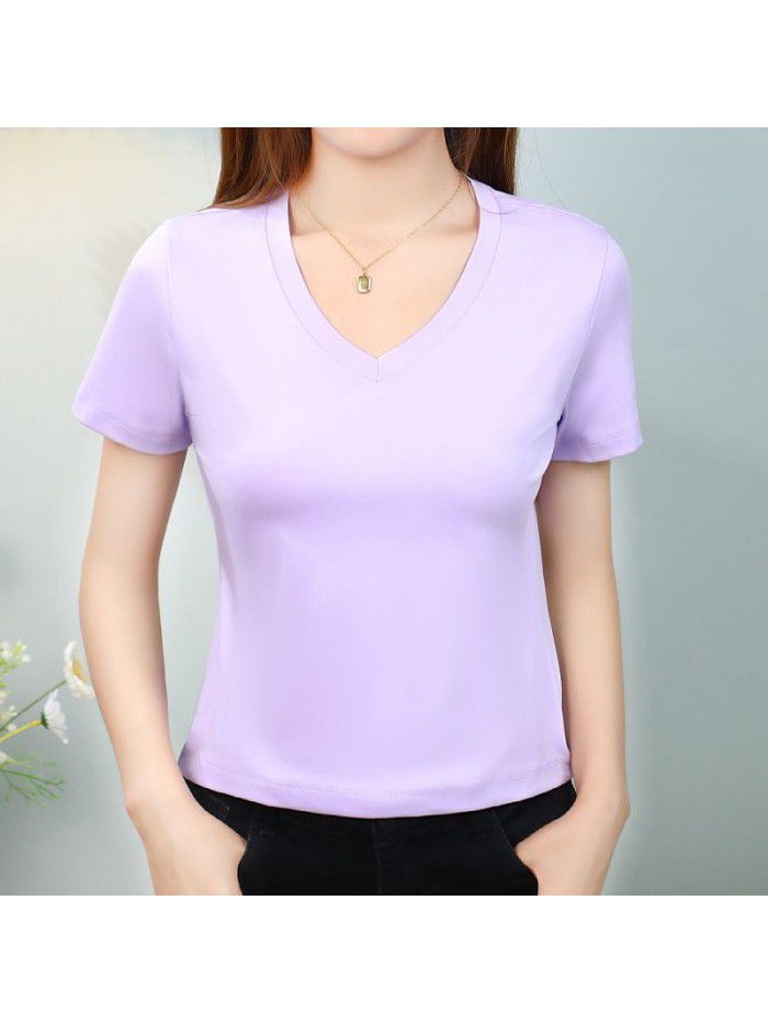 T-shirt Women's Short Cotton High Waist Summer Loose Simple Round Neck Korean Versatile Solid Color T-shirt 