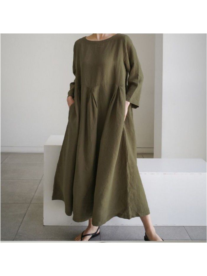 Loose Size Dress Women's Cotton Leprosy Round Neck Pullover Solid Color Over Knee Long Dress Large Swing Skirt