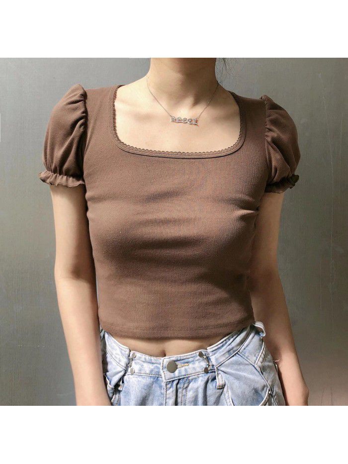 Small crowd design auricle edge bubble sleeve square collar exposed collarbone short sleeve T-shirt female 