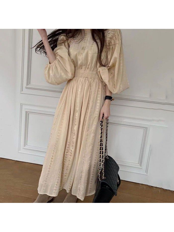 Spring French Brand Lace Standing Neck Spliced Hollow Lace Hooked Waist Dress for Women 