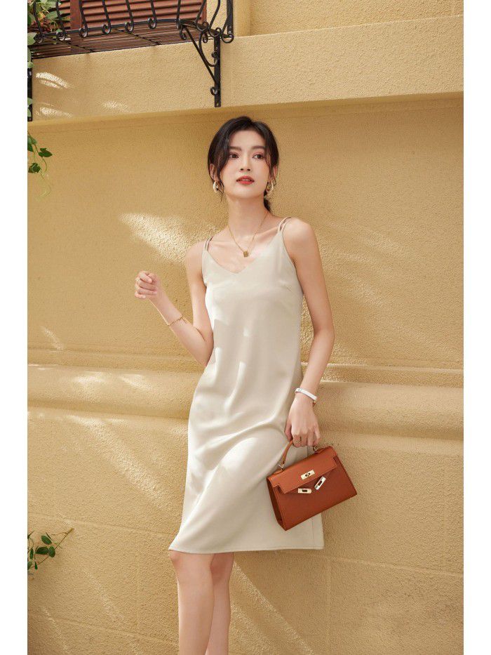 Dress Satin Mid length Dress Summer New Slim Sexy Women's Strap Dress  Dress Satin Mid length Dress Summer New Slim Sexy Women's Strap Dress