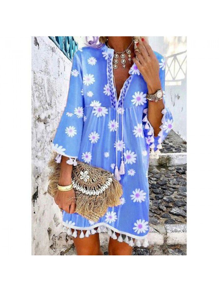 Summer New Hot Selling Print Daisy 3/4 Sleeve Tassel V-Neck Print Dress 