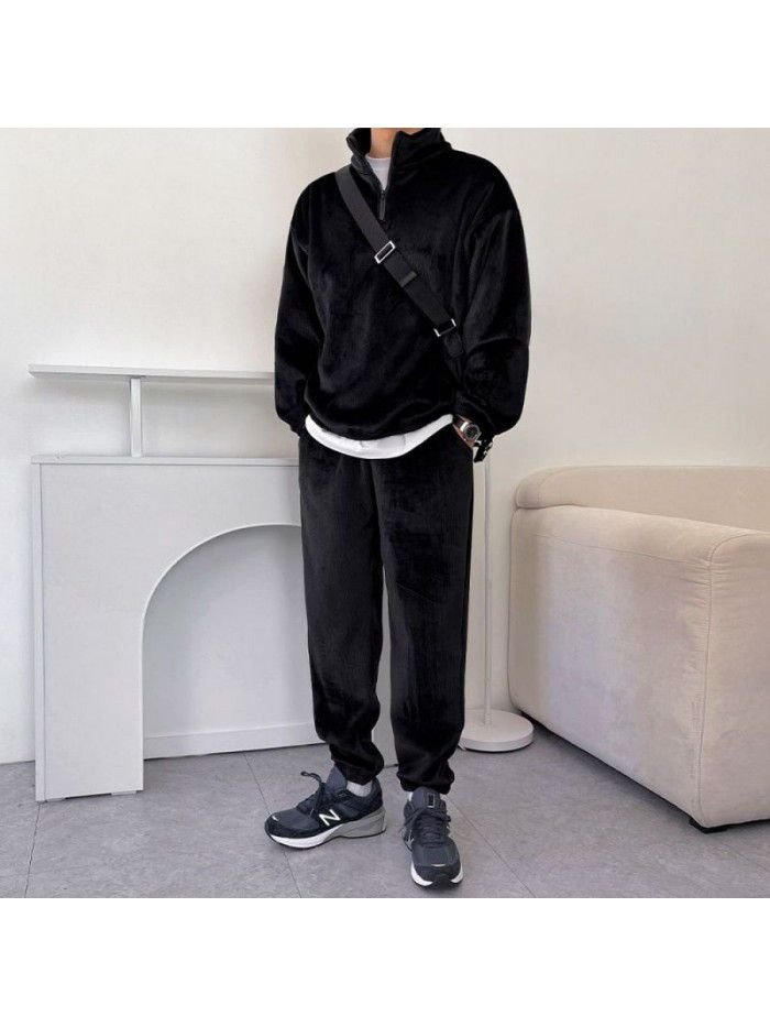 Trendy Sports Set Men's Autumn and Winter Loose Standing Neck Sweater Tie Feet Casual Pants Two Piece Set 