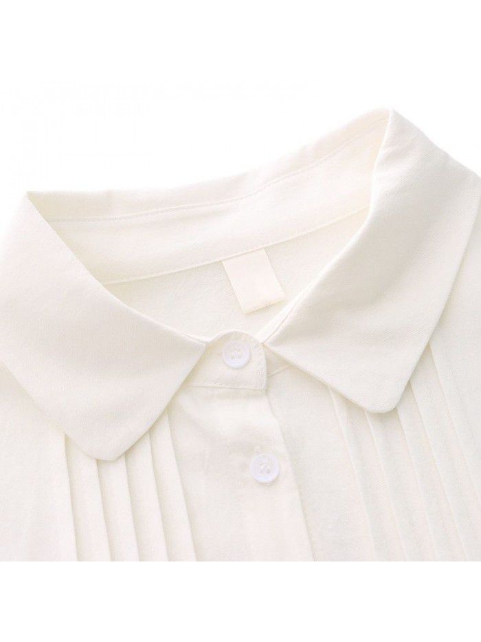 Japanese gentle temperament lapel organ pleated white loose mid length shirt skirt dress 