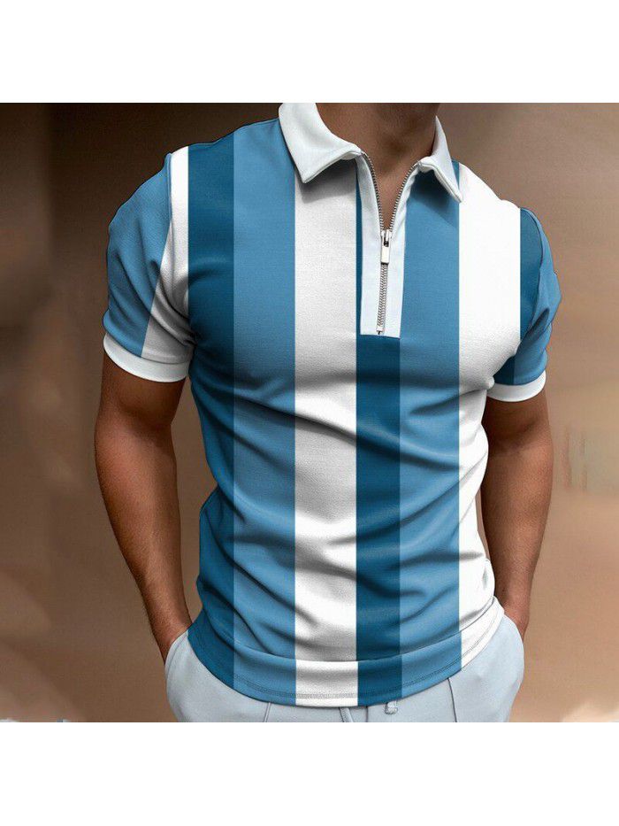 New men's POLO shirt Men's casual short sleeved lapel T-shirt 3D printed short sleeved zipper POLO 
