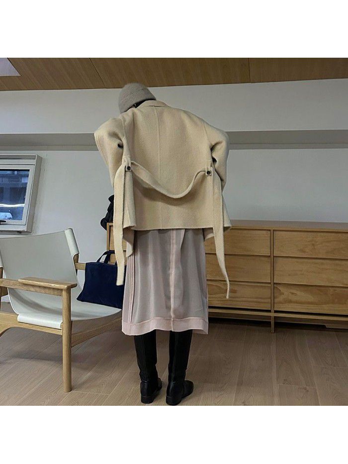 Retro lapel collar double breasted coat for women's winter new silhouette wool double-sided woolen coat