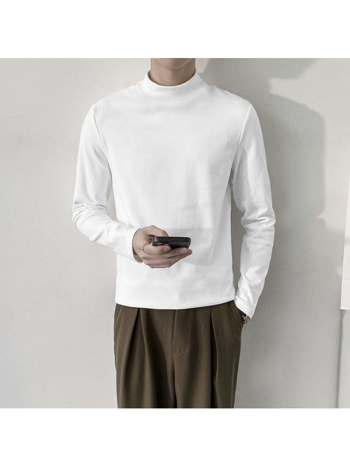 Autumn and Winter New Men's German Velvet Half High Neck Light Mature Style Long Sleeve T-shirt Men's Solid Round Neck Large Casual Bottom Shirt 
