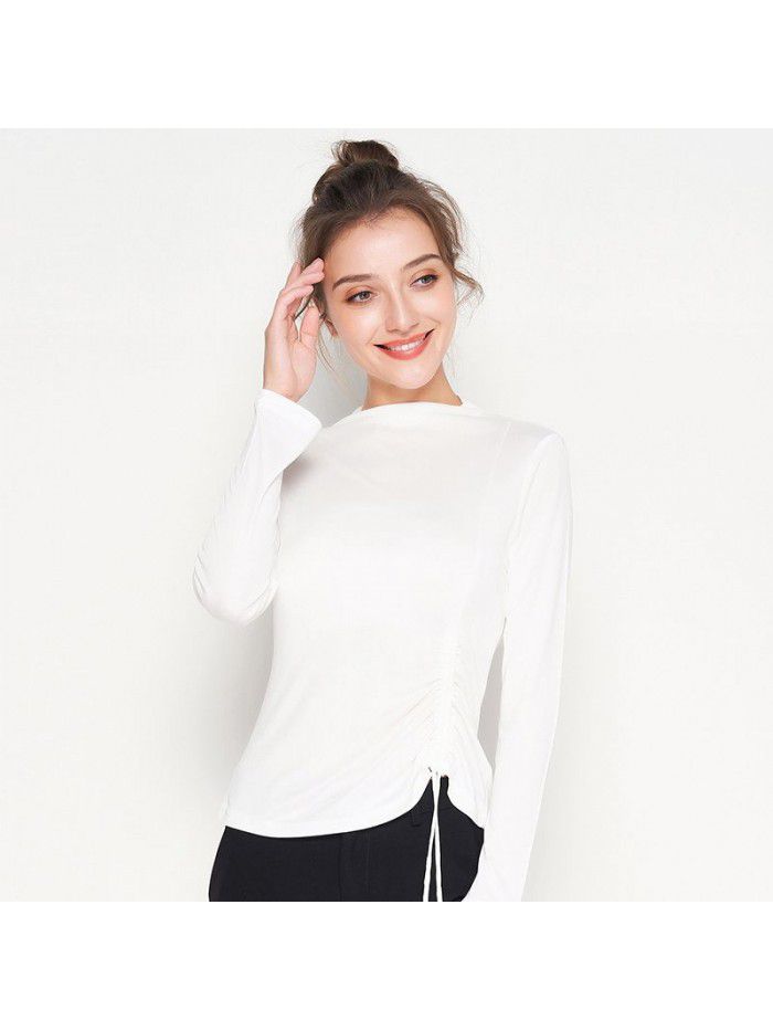 Autumn New Silk Bottom Shirt Women's Long Sleeve T-shirt Silk Drawstring Slim Fit Medium High Neck Top 