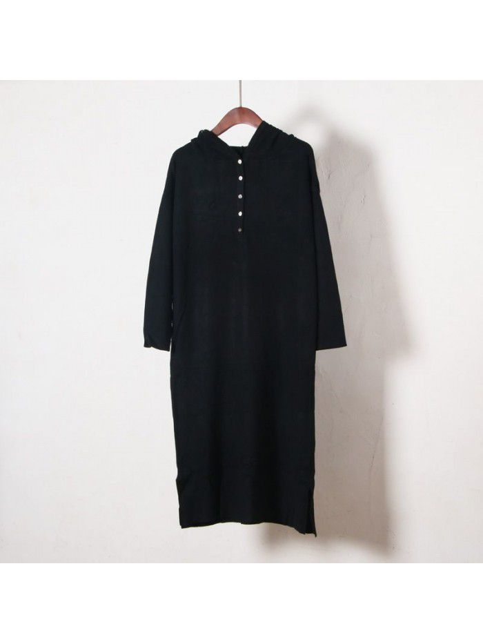 Hooded sweater knitted dress women's thickened autumn and winter casual medium length sweater long skirt over the knee 