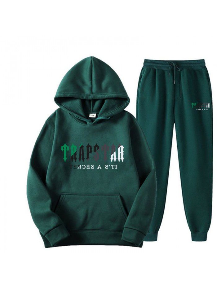 New men's hoodie set for spring, autumn, and winter, plush sweater, casual sports two-piece set 