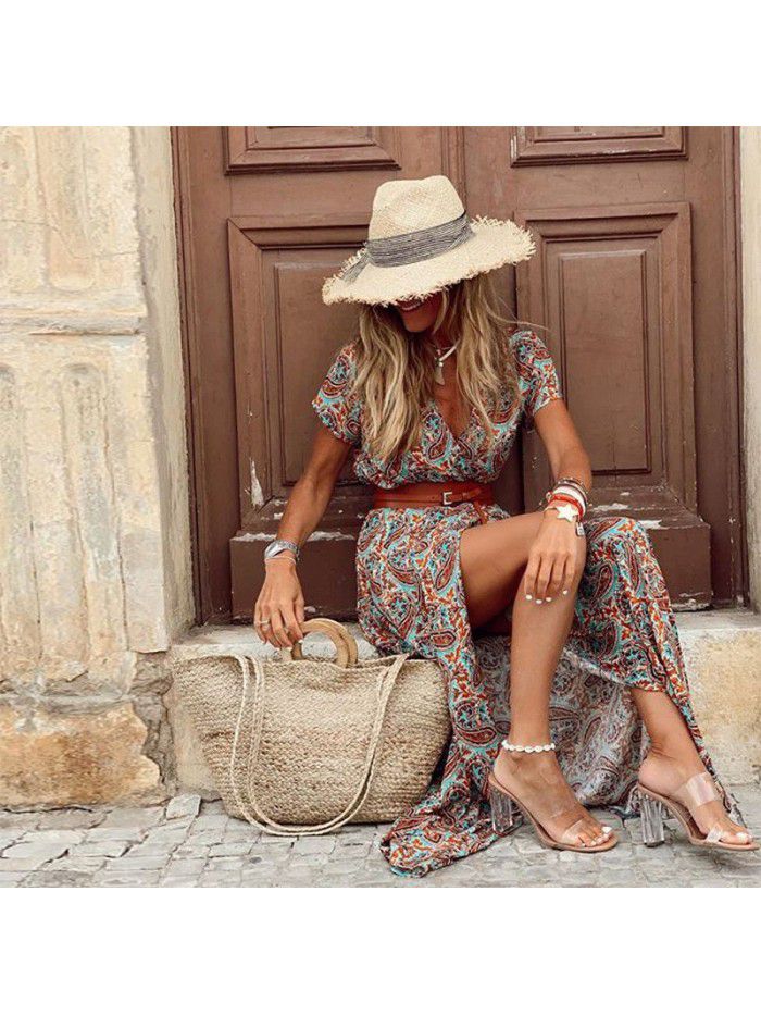 Bohemian style waistband printed long dress dress  Bohemian style waistband printed long dress dress