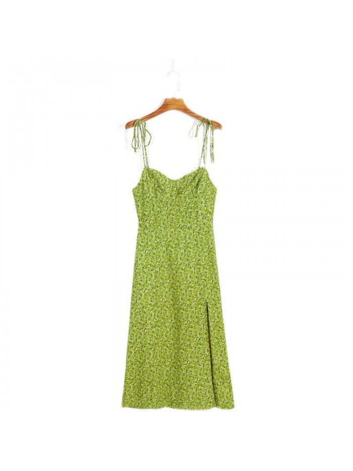 New Shoulder Lace up Slim Slim Slim Hanging Strap Avocado Green Fragmented Flower Split Dress for Women 