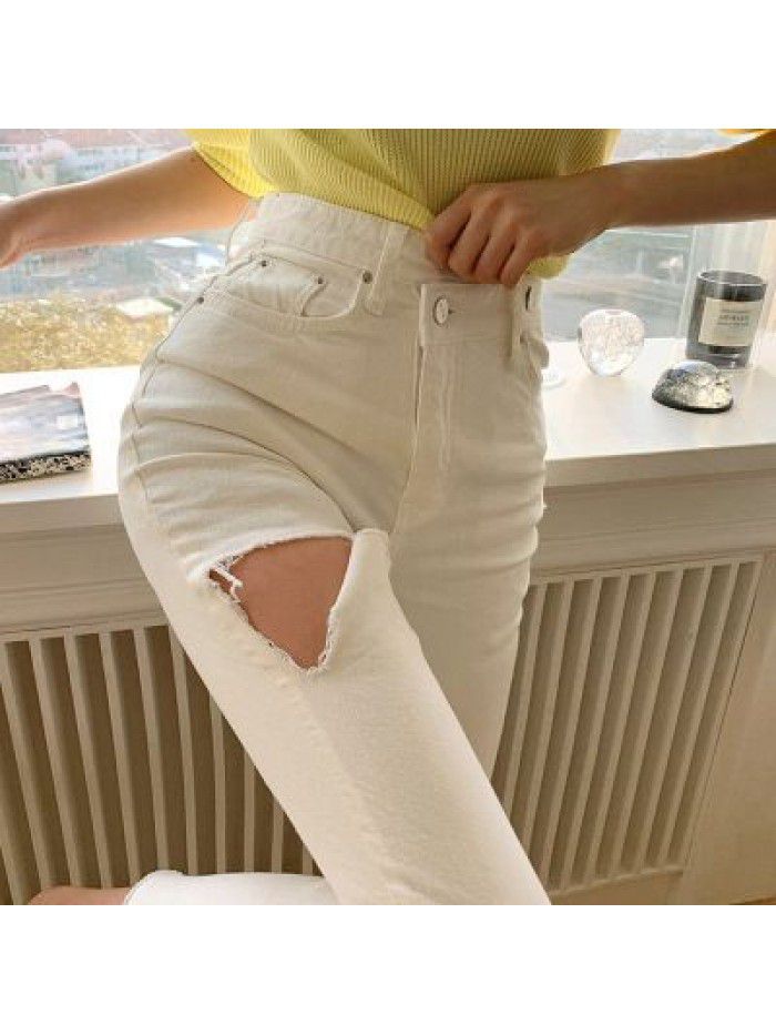Korean High Waist White Jeans Women's Autumn/Winter Slim Fit and Slim French Split Straight Crop Pants with Broken Burr Edges 