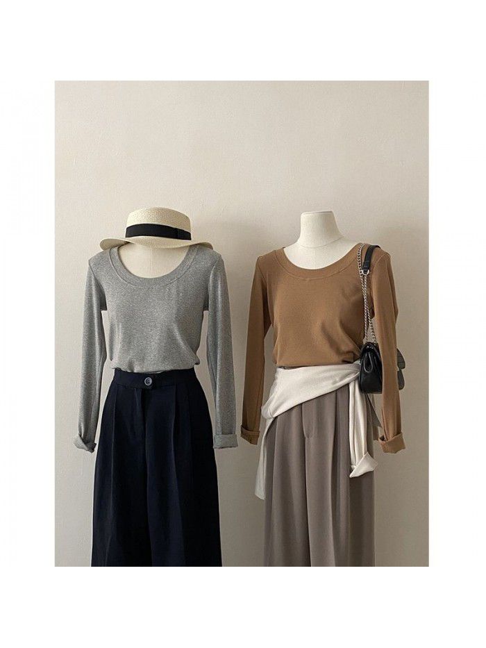 Practical and minimalist round neck long sleeved t-shirt for women's basic versatile slim fitting top 