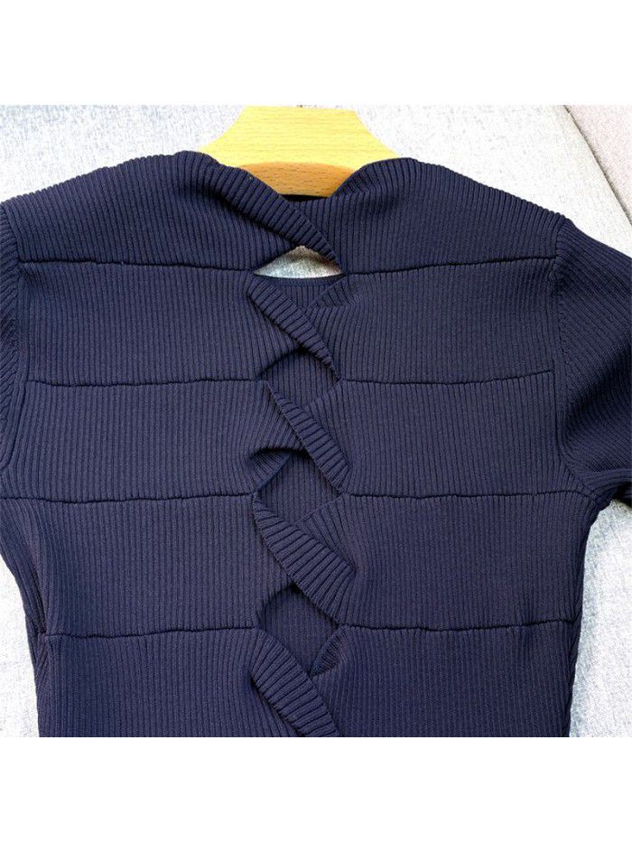 Spring/Summer New Open Back Mid length Knitted Dress Round Neck A-line Waist Waist Large Swing Long Dress 