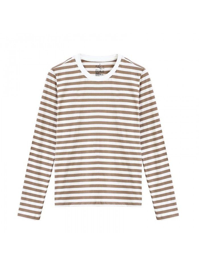 Long sleeved T-shirt Women's pure cotton striped T-shirt Indian cotton T-shirt Tianzhu woven round neck T-shirt 