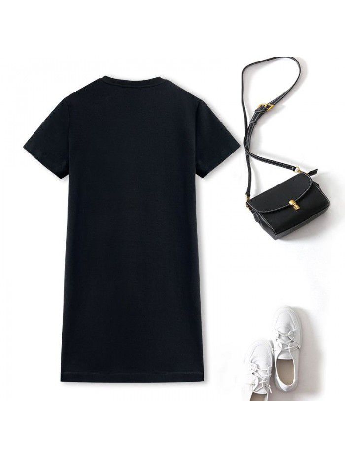 Black Dress Women's Summer High end Casual Loose Straight Round Neck Short Sleeve T-shirt Skirt 
