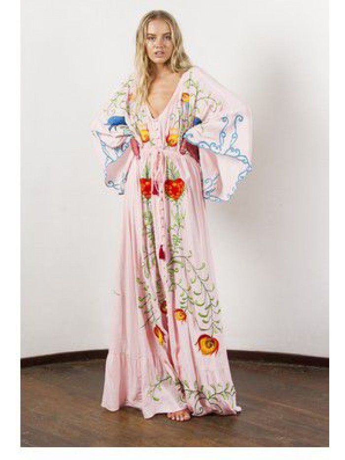 Autumn New Flower Embroidery V-neck Large Flare Sleeve Dress Long Dress 
