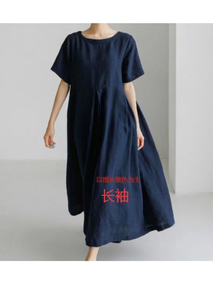 Loose Size Dress Women's Cotton Leprosy Round Neck Pullover Solid Color Over Knee Long Dress Large Swing Skirt