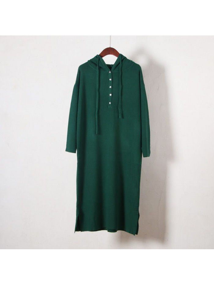 Hooded sweater knitted dress women's thickened autumn and winter casual medium length sweater long skirt over the knee 
