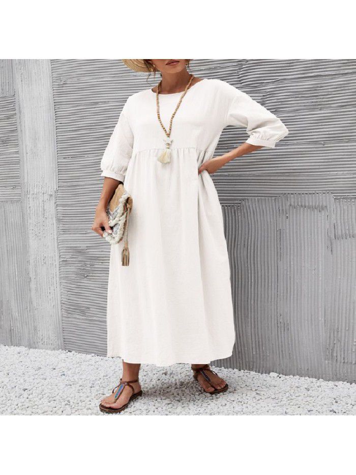 New Women's Solid Color Fashion Lantern Sleeves Loose Cotton Linen Pocket Dress 