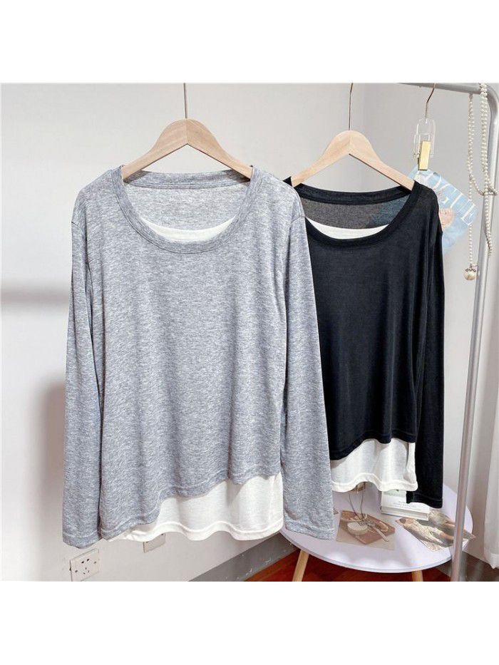 Thin Tencel facial mask Long Sleeve Round Neck T-shirt Women's Spring Loose Medium length Undercoat Top 