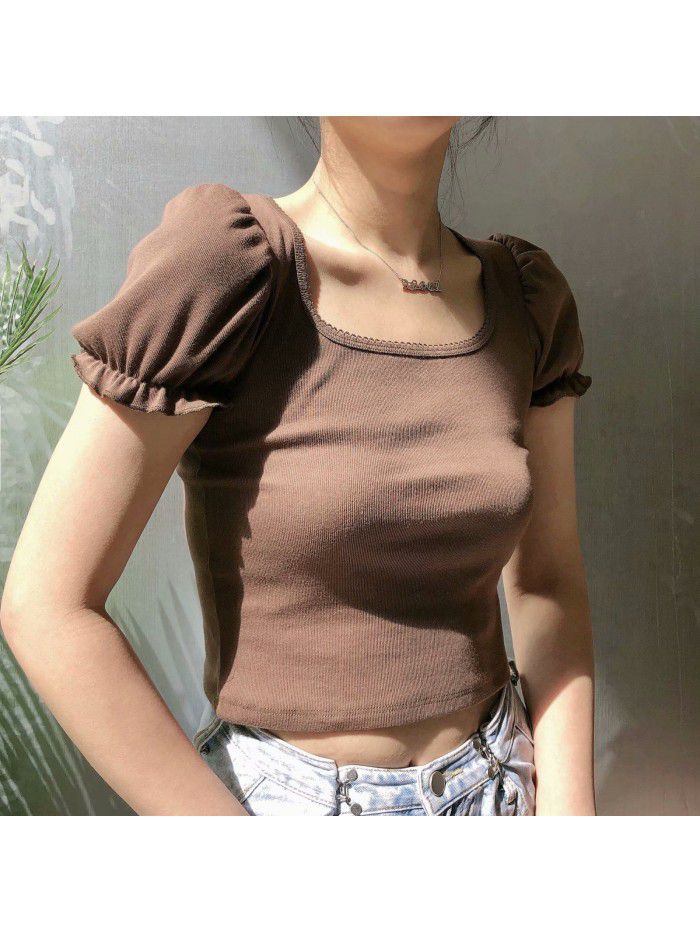 Small crowd design auricle edge bubble sleeve square collar exposed collarbone short sleeve T-shirt female 