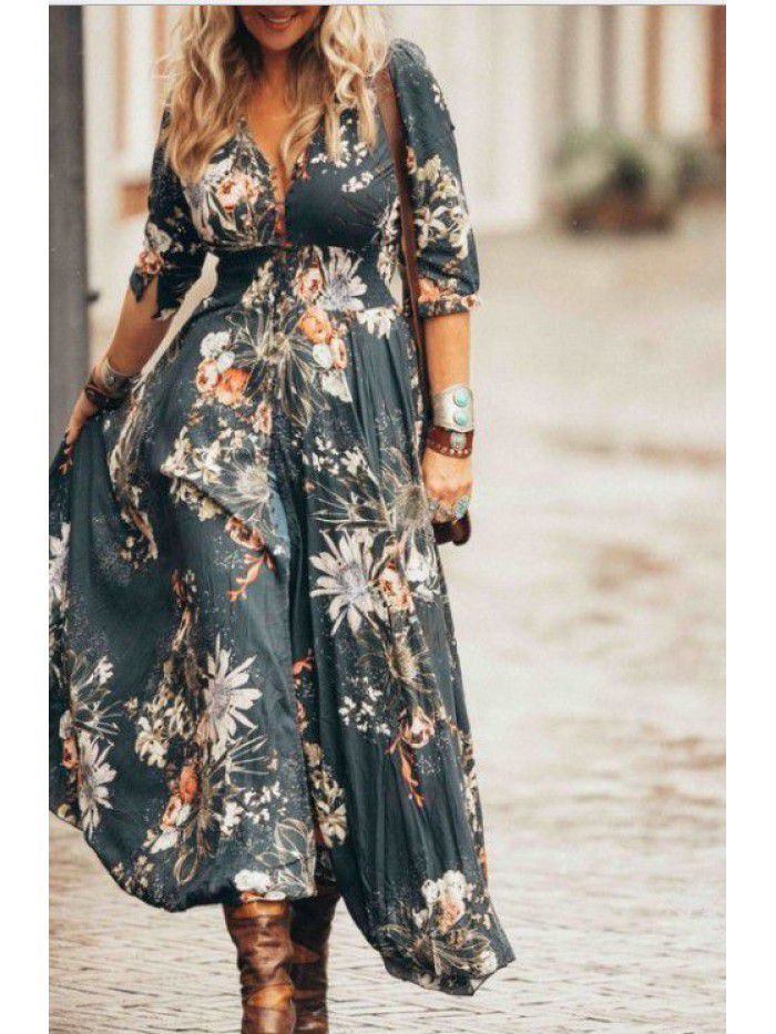 Personalized print design V-neck sexy dress 