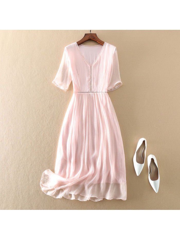 Summer New Women's Commuter Elegant Temperament White Silk Dress 