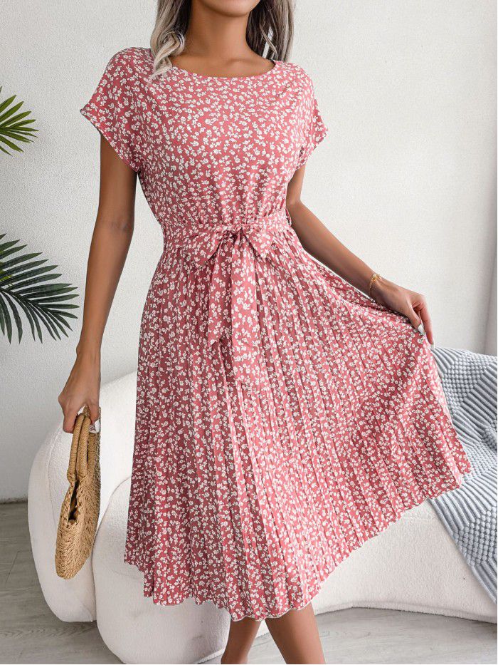 Spring and summer new casual short-sleeved floral pleated skirt 