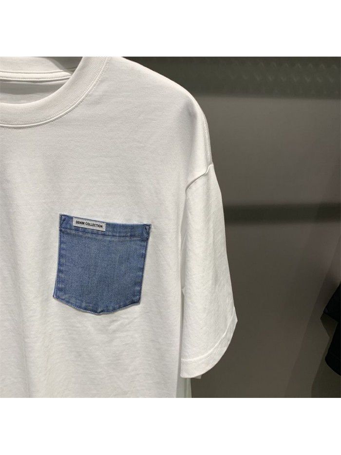Men's Spring/Summer New Men's Denim Panel Wide White Short Sleeve T-shirt 