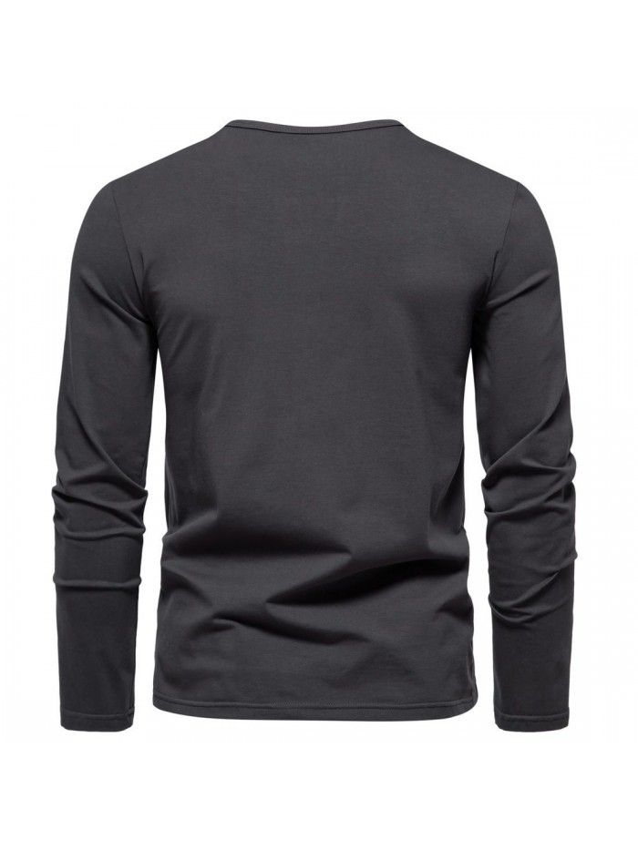 Autumn and Winter New Men's Henley T-shirt V-neck Long Sleeve T-shirt American Retro Casual Solid Base T-shirt Men's 